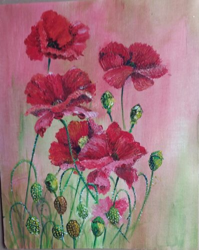 Chris B, Poppies, acrylic with pallette knife.